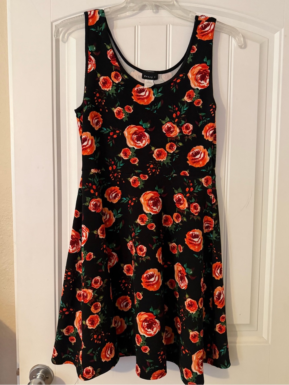 Floral Fit & Flare Dress - Black with Orange Rose Print